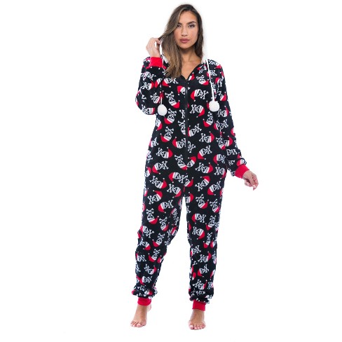 Women's Warm Fleece One Piece Hooded Footed Zipper Pajamas, Soft