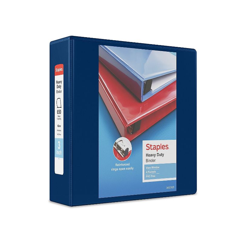 Staples Heavy Duty 3" 3-Ring View Binder Blue (24691) 82668, 1 of 8