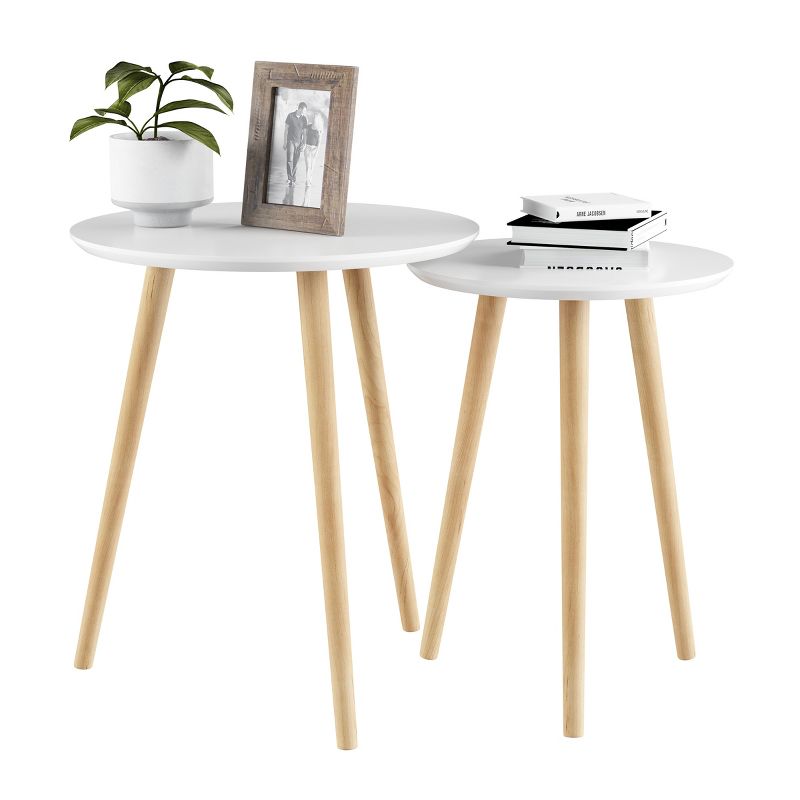 Hastings Home Nesting End Tables - Mid-Century Modern Wood Accent Table With Circular Top - Set of 2, White/Natural, 2 of 9