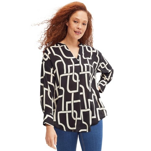 Ellos Women's Plus Size Notch V-neck Tunic - 10, Black Ivory Print : Target