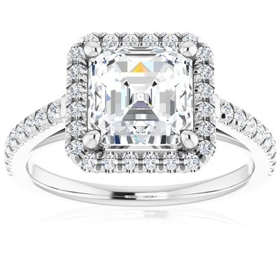 Pompeii3 3 1/2Ct Asscher Cut Moissanite & Diamond Halo Engagement Ring in 10k Gold