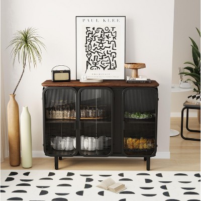 40.94"Glass Doors Modern Three-door Cabinet with Featuring Two-tier Storage,Unique Fir Cabinet Top