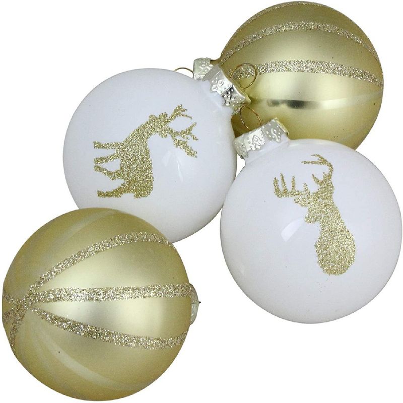 Northlight 4ct Striped Deer Christmas Glass Ball Ornament Set 4.5" - Champagne Gold/White, 3 of 4