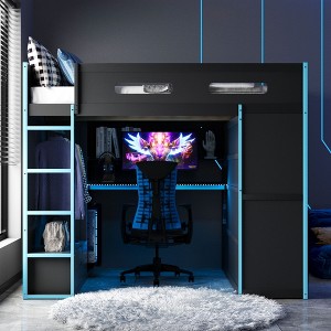 ModernLuxe Full Size Loft Bed with LED, Desk, Wardrobe & Drawers, Black+Green/Red/Blue - 1 of 4