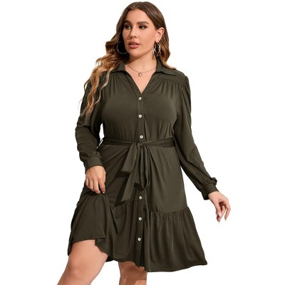 Clearlove Women's Plus Size Dresses Buttons Belted Long Sleeves Casual Midi Dress