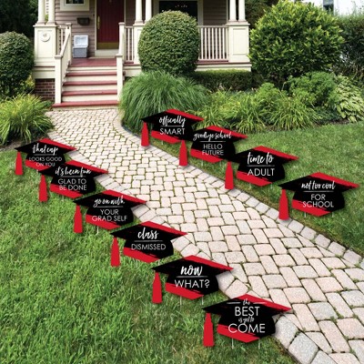 Big Dot of Happiness Red Grad - Best is Yet to Come - Grad Cap Lawn Decorations - Outdoor Red Graduation Party Yard Decorations - 10 Piece