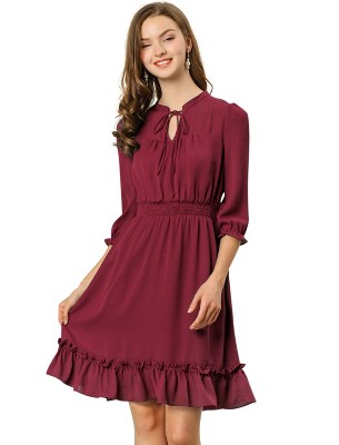 Allegra K Women's Solid Ruffle Hem 3/4 Sleeve A-Line Smocked Short Chiffon Dress