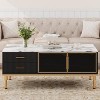 Modern Faux Marble Coffee Table with 4 Drawers, Glass-Front Sliding Cabinet, Hidden Compartment & Shelf, Fluted Base for Living Room/Reception - 3 of 4