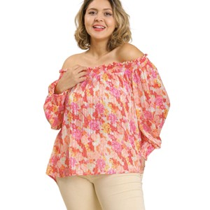 Slickblue Women's Plus Sheer Off Shoulder Floral Blouse, High Low Hem Top with Metallic Detail, Green Mix/Pink Mix, XL-2XL - 1 of 4