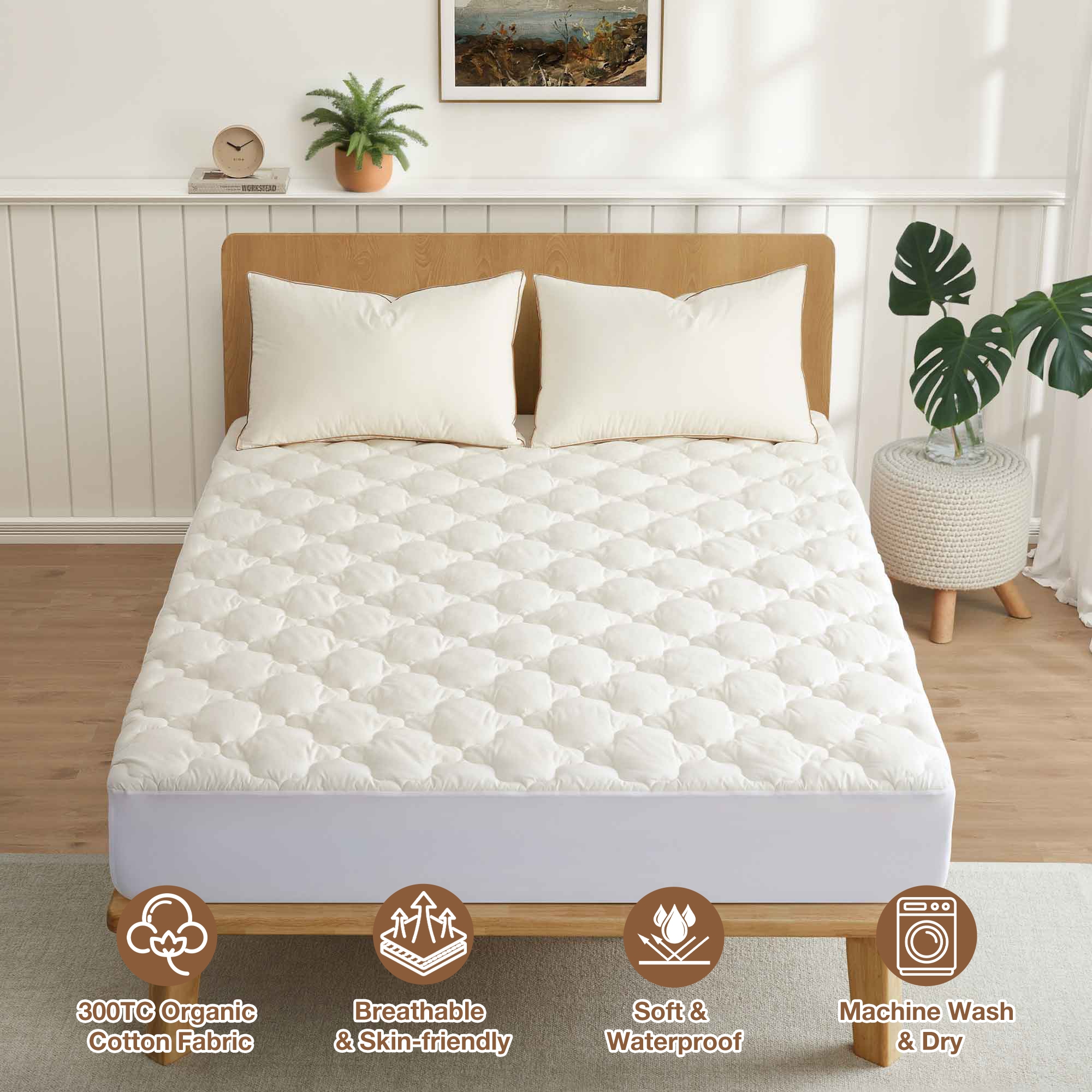 Puredown Organic Cotton Quilted Waterproof Mattress Pad, Fitted Stretchy Side Skirt Fits up to 18", Queen