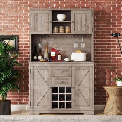 73.8" Tall Kitchen Pantry Storage Cabinet, Coffee Bar Wine Cabinet with Wine Glass Rack, Freestanding Kitchen Hutch Cabinet for Dining Room