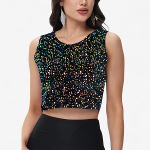 Anna-Kaci Women's Sleeveless Sequin Crop Top with Round Neckline and Sparkle Embellishment - 1 of 4