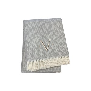 HomeRoots 55" X 70" Gray And White Herringbone Cotton Blend V Initial Throw Blanket with Tassels And Embroidery - 1 of 4