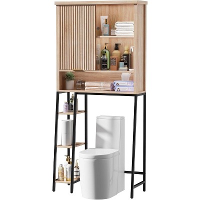 MaseiKar Over The Toilet Storage Cabinet, 68" Tall Modern Storage Cabinet Above Toilet with Sliding Fluted Door & Adjustable Shelf