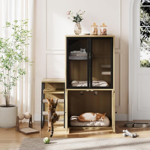 Double-Layer Litter Box Enclosure with Platform,Modern Burlywood Cat Cabinet,Ladder,Hammock,Metal Mesh Door,Hidden Furniture Indoor Cat House - 1 of 4