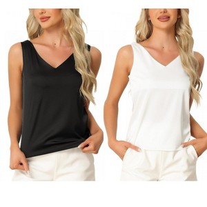 INSPIRE CHIC Women's 2 Pcs Tank Top Silky Satin Casual Basic V Neck Sleeveless Camisole - 1 of 4