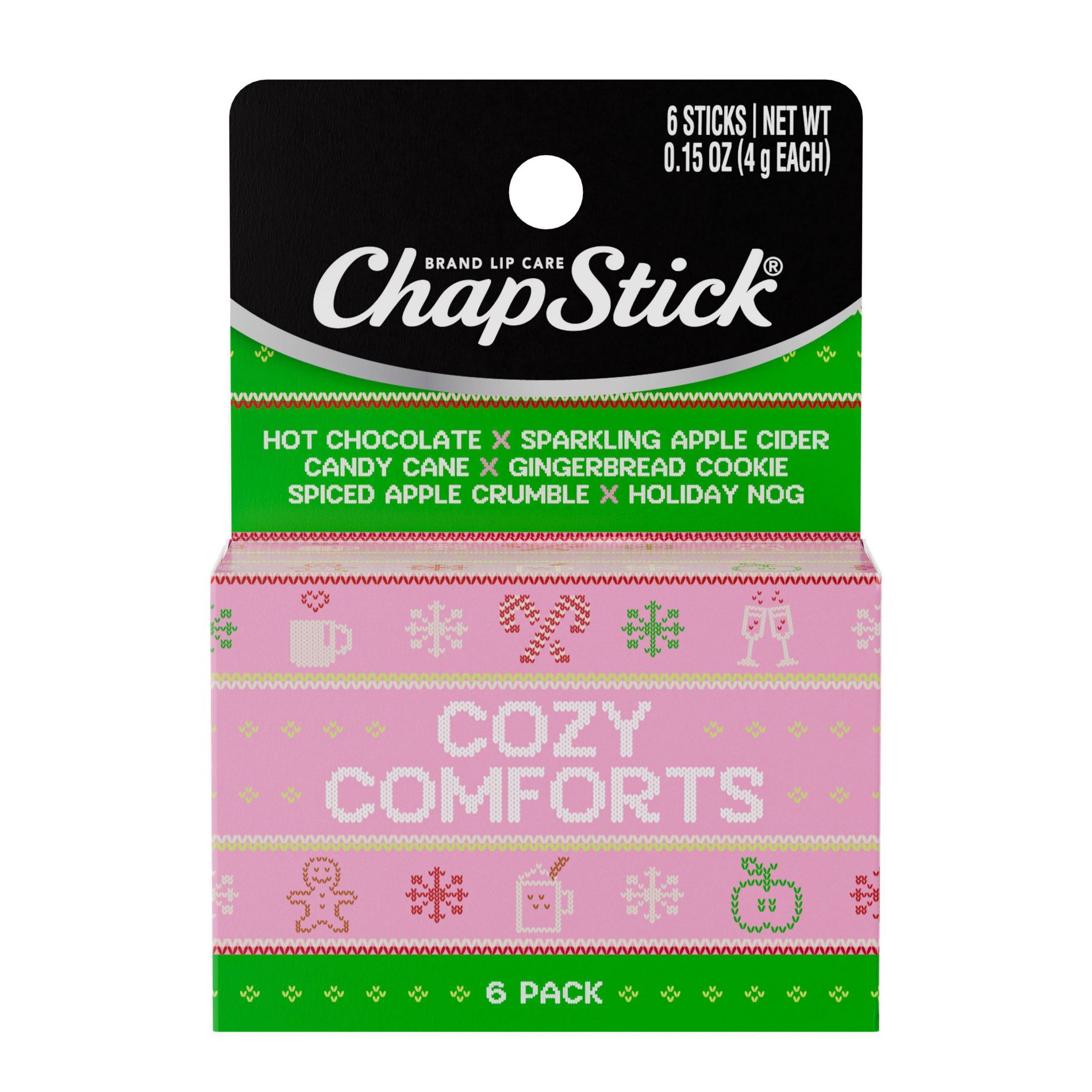 Chapstick Holiday Lip Balm - Cozy Comforts - Gingerbread/Apple Cider/Candy Cane/Hot Chocolate/Eggnog/Apple Crumble - 0.15oz/6ct