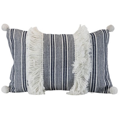 Blue Striped Hand Woven 14x22" Outdoor Decorative Throw Pillow with Hand Tied Tassels and Pom Poms - Foreside Home & Garden