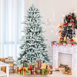 Costway 7Ft Premium Hinged Snow Flocked Slim Artificial Christmas Fir Tree w/ Pine Cones - 1 of 4