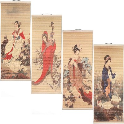 Juvale 4 Pack Bamboo Asian Woman Hanging Wall Scroll Chinese Picture Art Print Home Decor 10"x26"