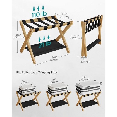 Natural Bamboo Foldable Luggage Rack with Storage Shelf