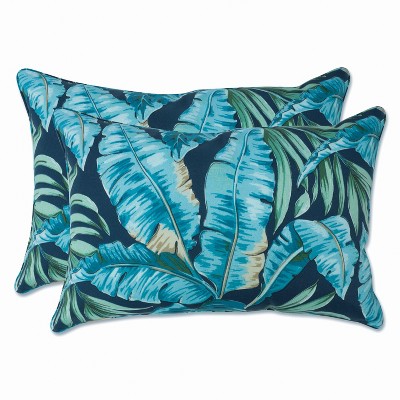Set of 2 Outdoor/Indoor Over-Sized Rectangular Throw Pillow Tortola Midnight Blue - Pillow Perfect: Weather-Resistant, Botanical Pattern