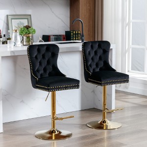 Velvet Bar Stools Set of 2 with Adjustable 25-33" Height, Tufted Back, Swivel, and Metal Base for Home, Pub, or Kitchen Island - 1 of 4
