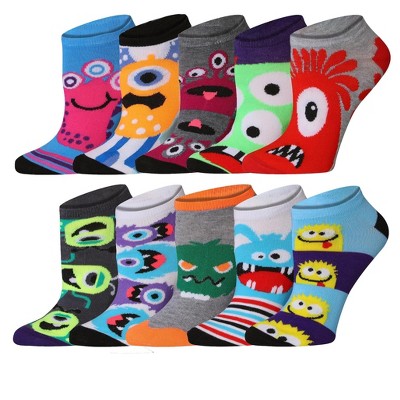 Tipi Toe Womens 10 Pairs Cute Monster Faces Pattern & Mix Colors For Vibrant Style Low Cut/No Show Socks