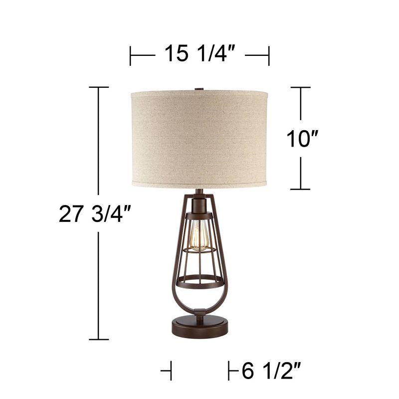 Franklin Iron Works Topher Rustic Industrial Table Lamp 27 3/4" Tall Brown with Nightlight LED Edison Burlap Drum Shade for Bedroom Living Room Office, 5 of 11
