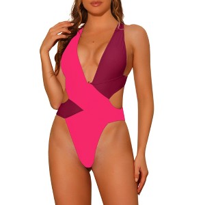 INSPIRE CHIC Women's Contrast Color Deep V Neck Criss Cross Back Swimwear Bathing Suit Monokini One Piece - 1 of 4