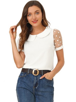 INSPIRE CHIC Women's Vintage Peter Pan Collar Puff Polka Dots Mesh Short Sleeve Blouse