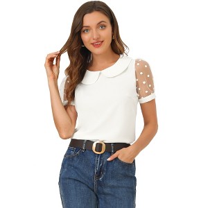 INSPIRE CHIC Women's Vintage Peter Pan Collar Puff Polka Dots Mesh Short Sleeve Blouse - 1 of 4