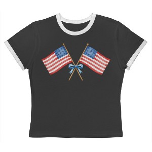 Rerun Island Women's Amercian Flag And Bow Americana 4Th Of July Short Sleeve Graphic Cotton Retro Vintage Ranger Baby Tee - Caviar White S - 1 of 4
