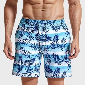 Anna-Kaci Swim Men's Tropical Leaf Print Swim Trunks with Adjustable Drawstring Waist and Quick-Dry Striped Fabric - 1 of 4