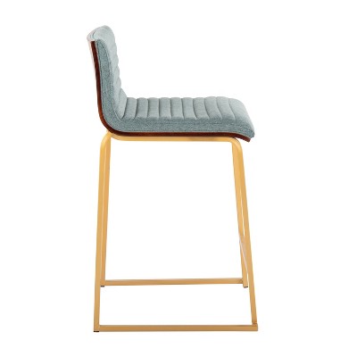 Set of 2 Green Upholstered Wood and Gold Metal Counter Stools