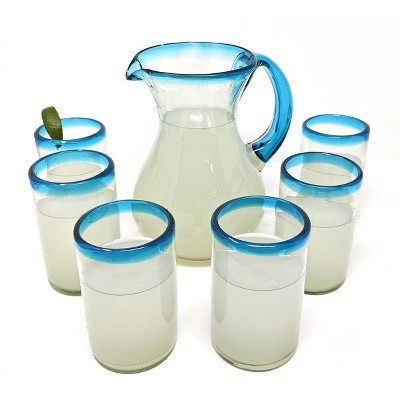 Dos Sueños Mexican Hand Blown Glassware Combo Set - Aqua Rim Pitcher and Drinking Glasses
