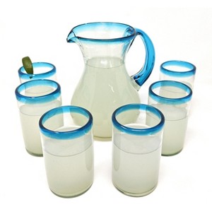 Dos Sueños Mexican Hand Blown Glassware Combo Set - Aqua Rim Pitcher and Drinking Glasses - 1 of 4