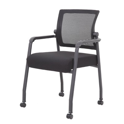 Black Mesh Guest Chair with Fixed Arms and Casters