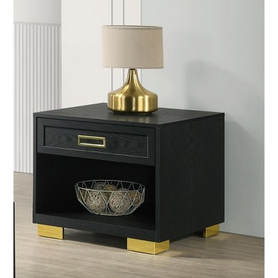 Vynxaria Contemporary Square End Table, Black Finish with Gold Accents, 1 Drawer & Open Shelf