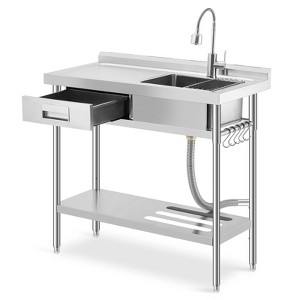 Freestanding Stainless Steel Utility Sink with Left Workbench & Drawer – Faucet, Hot & Cold Water, Storage Shelf, Knife Holder, S-Hooks - 1 of 4