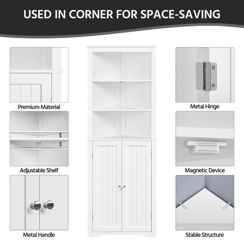 Yaheetech 64.5"H Corner Shelving Unit Corner Cabinet with Adjustable Shelf, White, 4 of 7