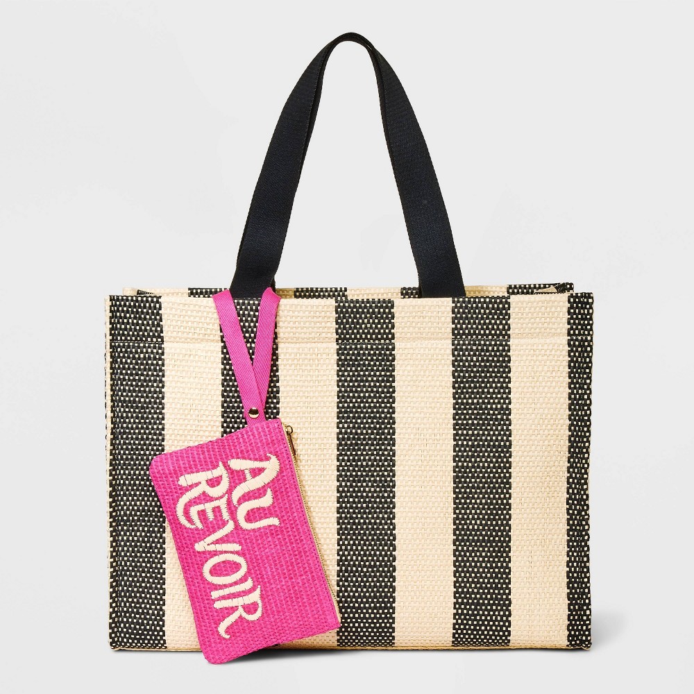 Striped Elevated Straw Tote Handbag with Zip Pouch - A New Day™ Black