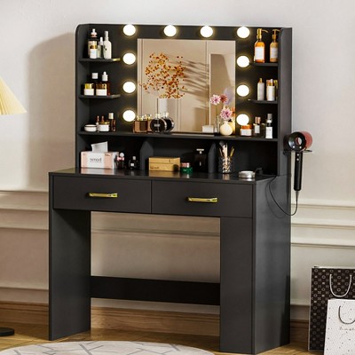 COMHOMA Vanity Desk with Mirror and LED Lights, Hairdryer Holder, 5 Drawers, Bedroom Dresser Table for Girls