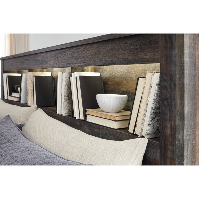 Full Rustic Wood Bookcase Headboard with Storage and LED Lighting