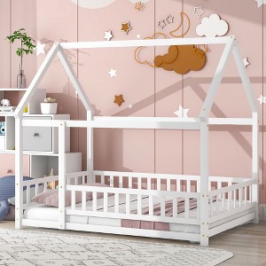 Full Size Wooden Floor Bed with House Roof Frame and Fence Guardrails for Kids Bedroom - 1 of 4