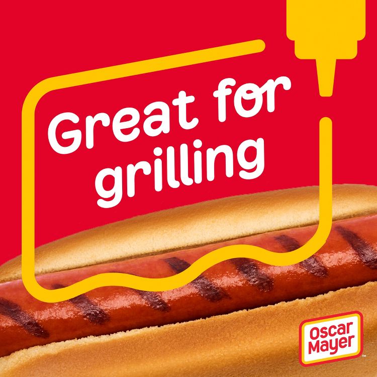 A grilled hot dog in a bun with the text "Great for grilling" and a logo in the corner.