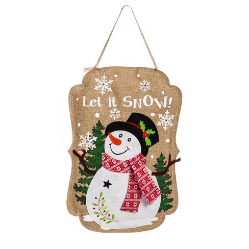 Evergreen Sparkle Snowman Lighted Burlap Door Decor, 13.50x17.50