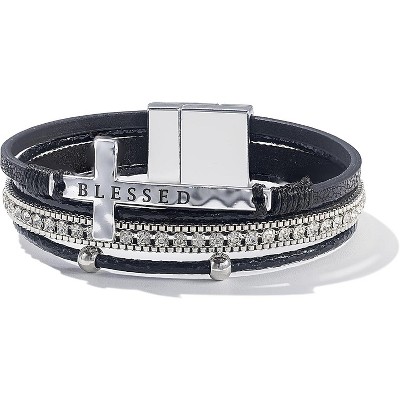 Cross Leather Bracelet with Magnetic Clasp, Christian Religious Boho Wrap Cuff Bangle for Women