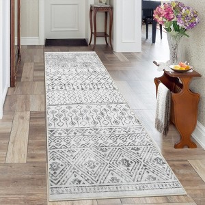 2'x6' Washable Geometric Living Room Rugs, Indoor Farmhouse Non Slip Bedroom Carpet, Large Stain Resistant Dining Room Rugs, Grey - 1 of 4