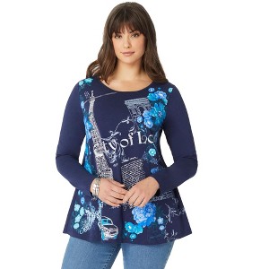 Roaman's Women's Plus Size Travel Graphic Long Sleeve Tee - 1 of 4
